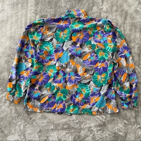 Vintage Lady Winn Necktie Bow Button Up Long Sleeve Bold Floral Print Blouse 1X - Picture 4 of 7